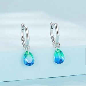 S925 Zircon Faceted Blue-Green Water-Drop Earrings